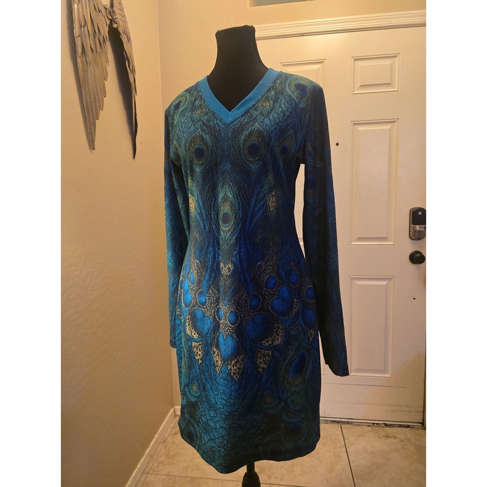 Womens Peacock Feather Print Long Sleeve V-Neck Sheath Dress Blue Teal